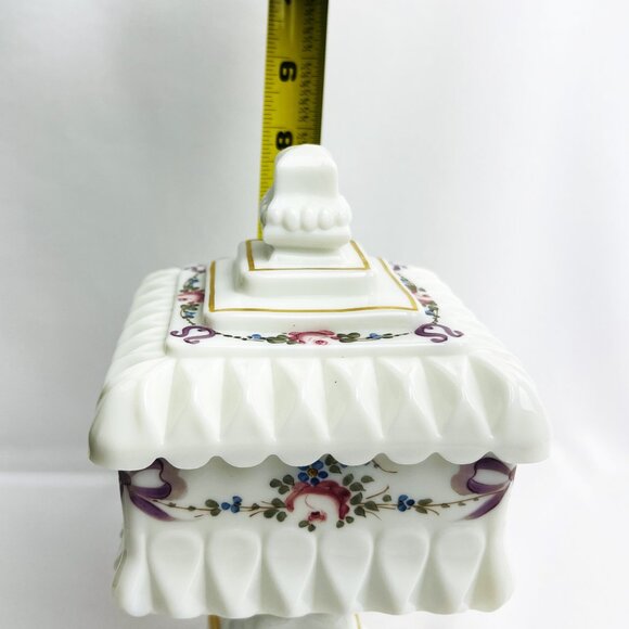 Westmoreland Milk Glass Hand-Painted Wedding Box Compote Roses & Bows 8” - Picture 11 of 12